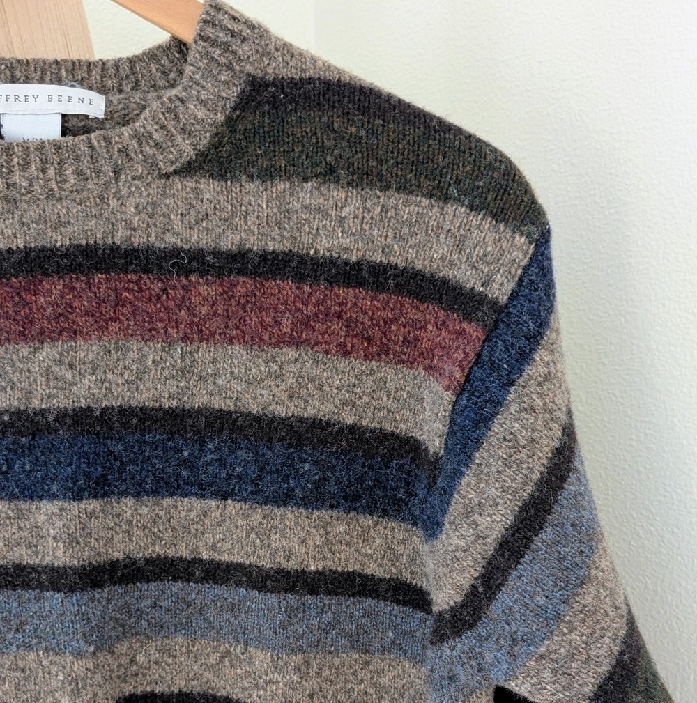 Vintage 90's Striped Textured Wool Crewneck Sweater In Oatmeal Tan - Picture 5 of 15